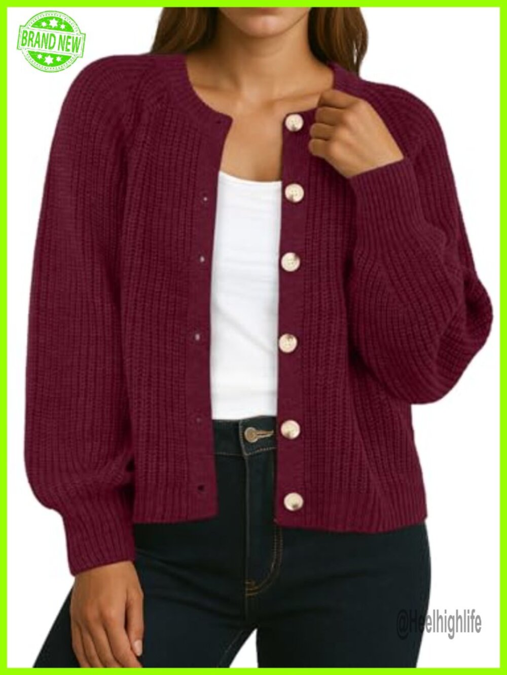 Chunky Knit Button Front Cardigan Sweater Women's Lantern Sleeve